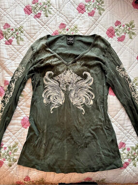 Affliction A New Kind Graphic Long Sleeve in Green Size Large Like New